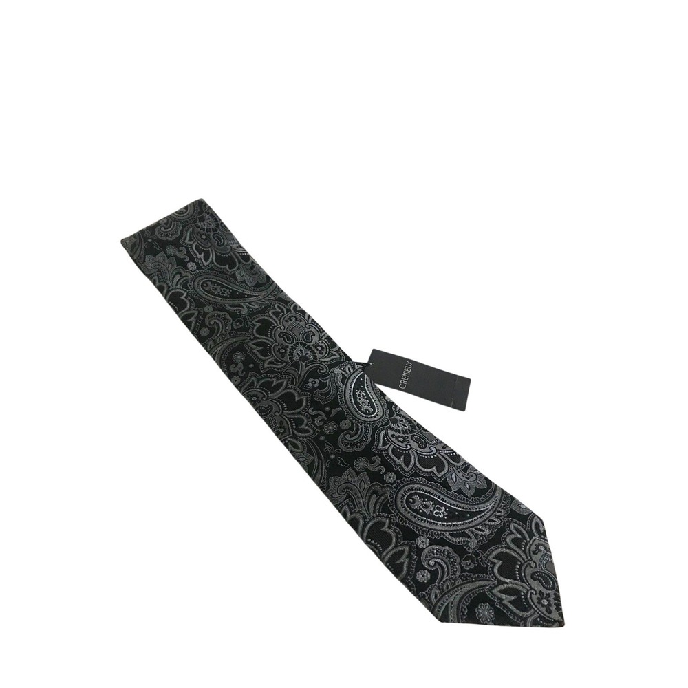 Cremieux Mens Silk Necktie Black Grey Silver Paisley Handcrafted USA New
